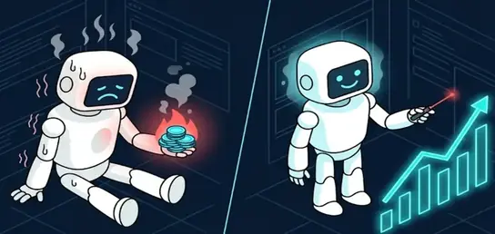 Roboter verbrennt Coins vs. Roboter zeigt steigendes Wachstumsdiagramm