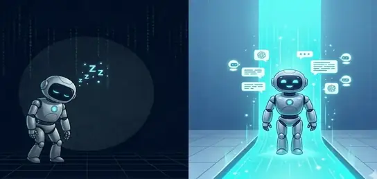 Schlafender Roboter vs. vernetzter KI-Assistent mit Chat-Symbolen