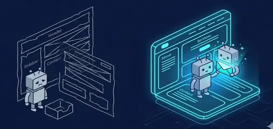 Roboter vor kaputter Website vs. moderner, funktionierender Website