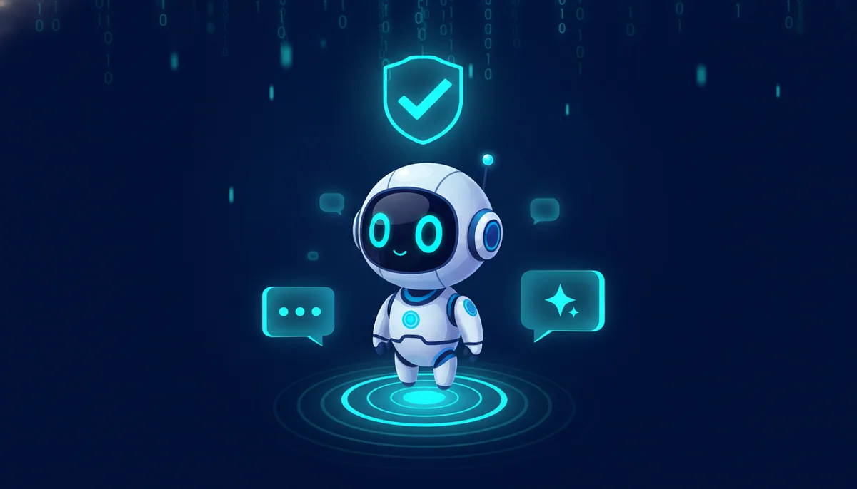 Roboter auf einem Radar-Kreis, umgeben von KI-Chat-Symbolen und einem Häkchen-Siegel