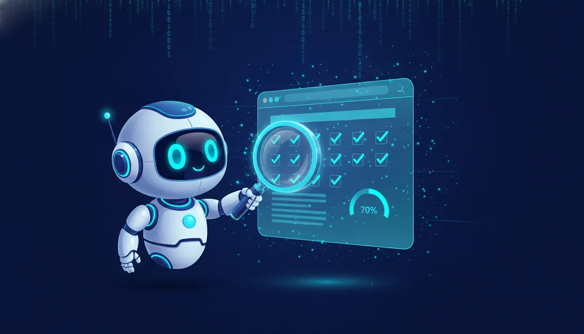 Roboter scannt eine Website mit einer Lupe und findet Häkchen sowie einen Sichtbarkeits-Score